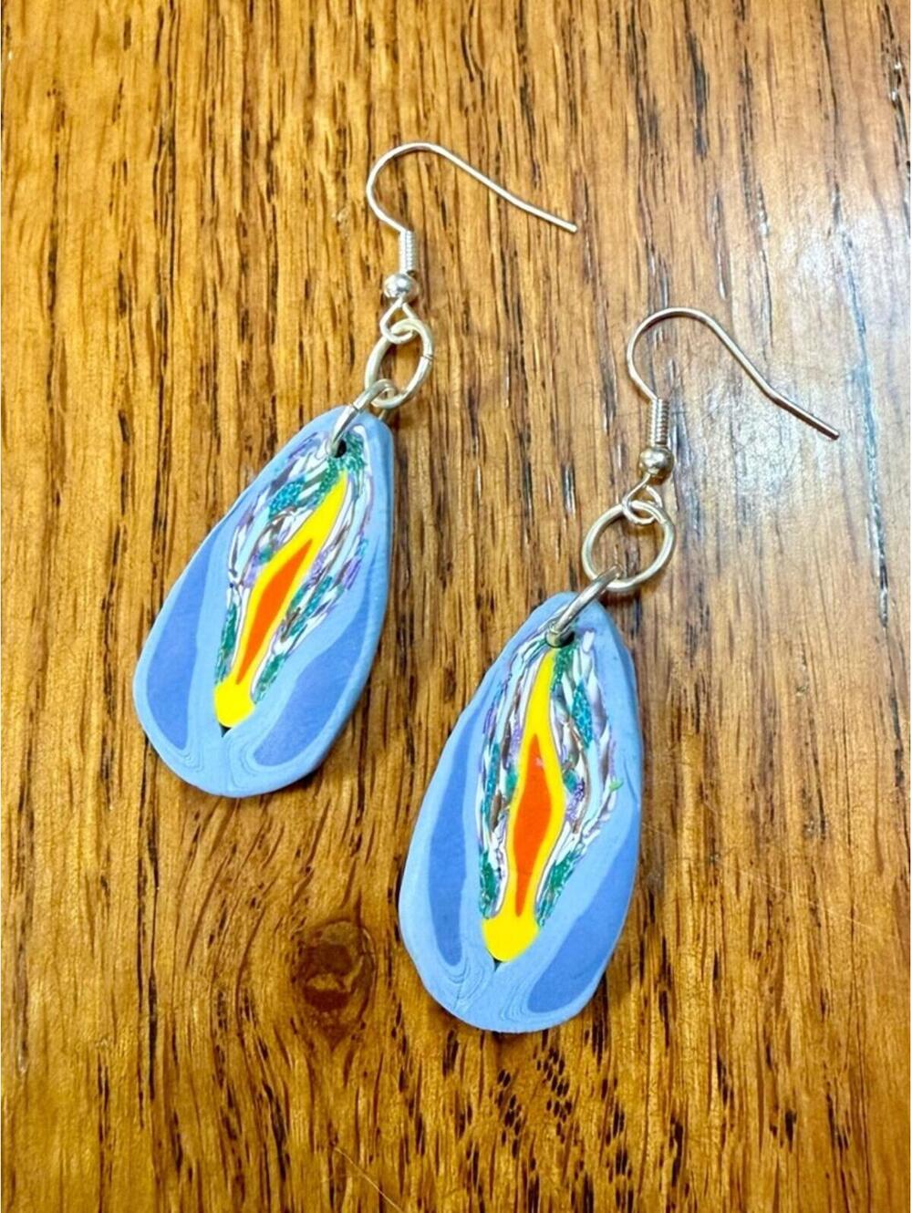 Handmade Polymer Clay Blue Teardrop Earrings with Yellow & Orange Accent